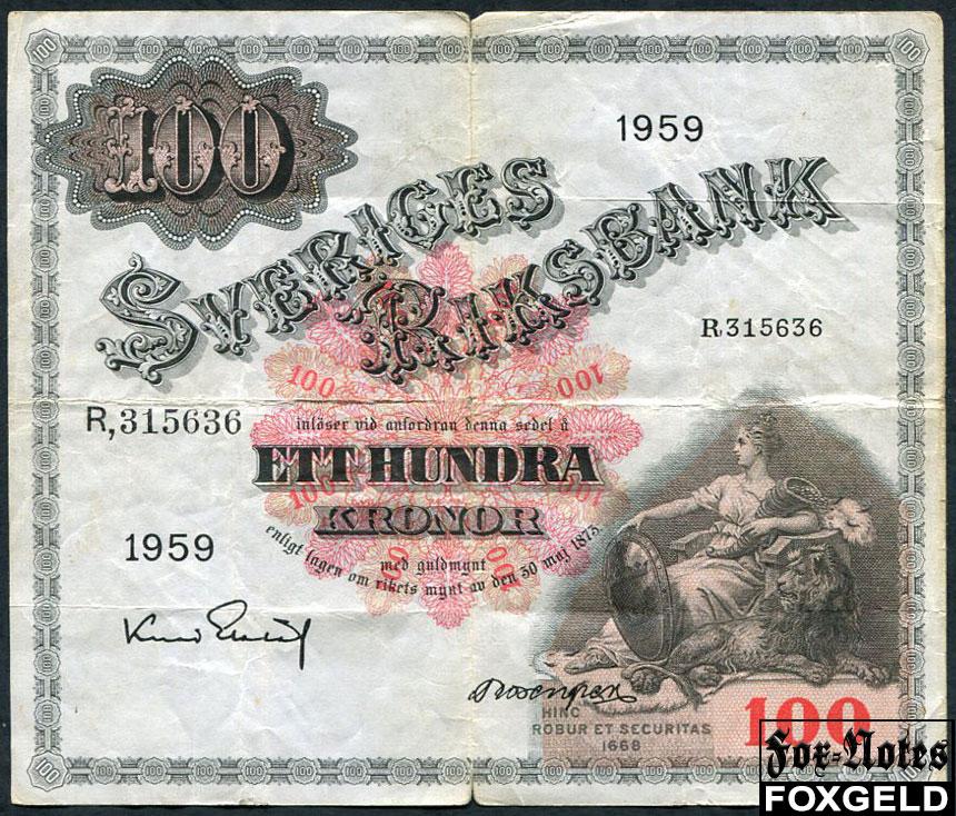Швеция Sveriges Riksbank 100 крон 1959  VG+ P:45e R