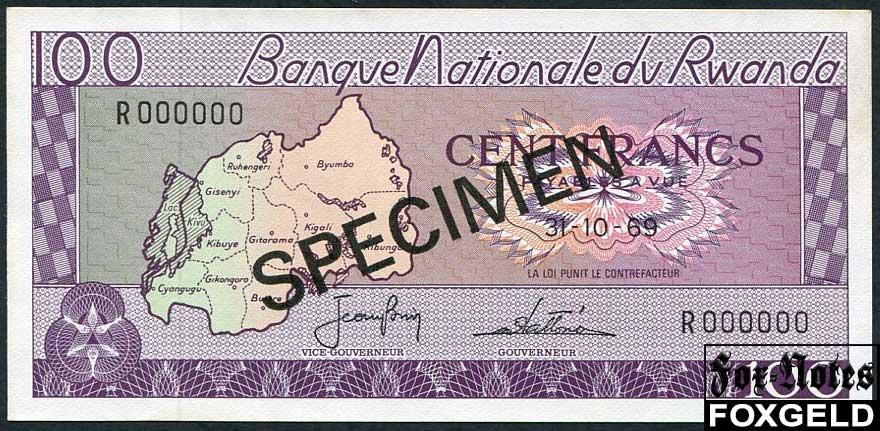 Руанда 100 франков 1969 SPECIMEN ОБРАЗЕЦ UNC P:8s1 R