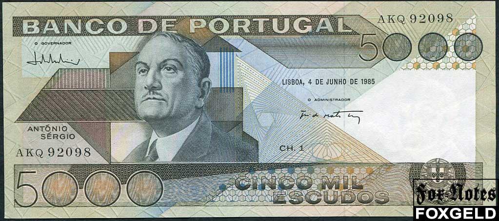 Португалия /   BANCO DE PORTUGAL 5000 эскудо 1985  aUNC P:182d AKQ