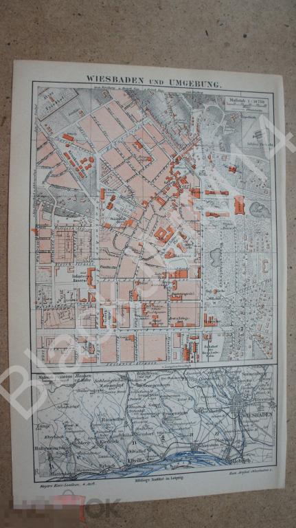 1890 г. Карта План Висбаден Окрестности Германия