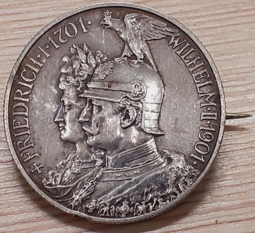 Германия, Пруссия. 2 марки 1901 г. 200 лет Династии. Серебро. Оригинал. Брошь.