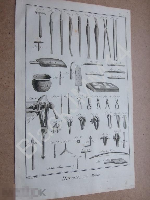 1763 г. Гравюра на меди Дени Дидро Золочение Позолота Металл Золото Инструмент