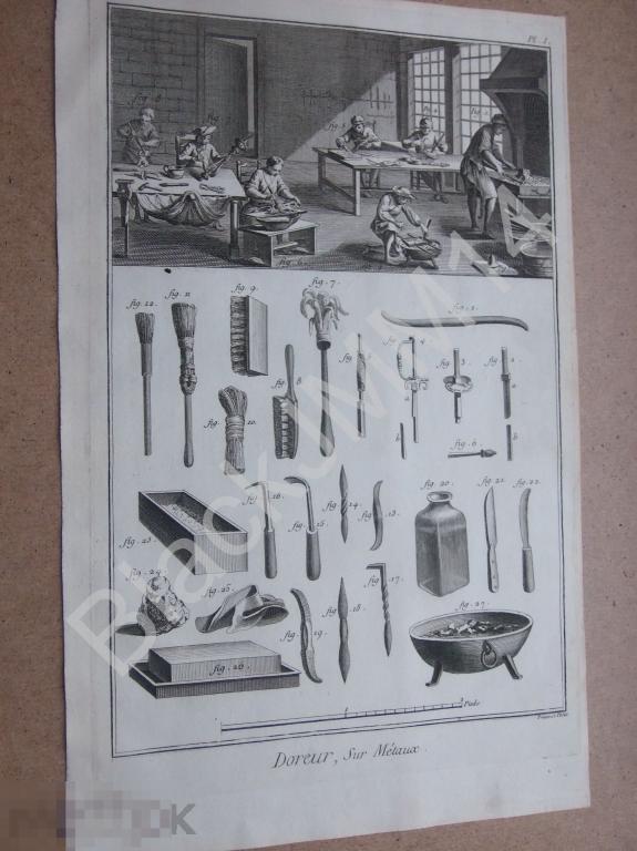 1763 г. Гравюра на меди Дени Дидро Золочение Позолота Металл Золото Инструмент