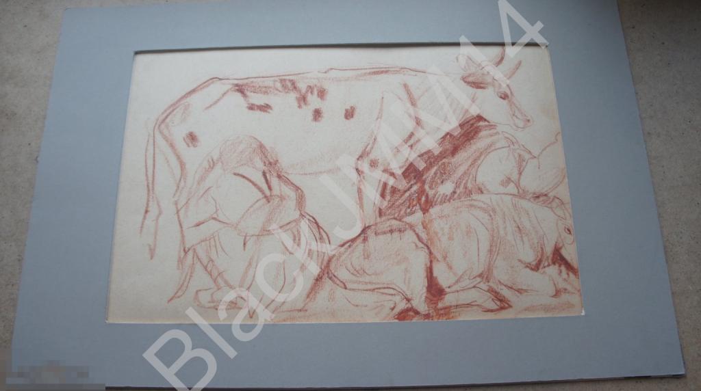 1920 г. Рисунок Дм. Н. Якунин (1892 - 1949) Дойка коровы Бумага Сангина