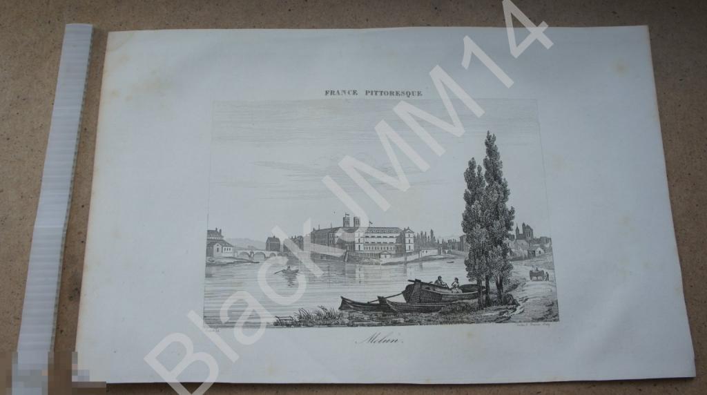 1838 г. Гравюра Живописная Франция Гюго А. Мелён Фонтенбло Река Лодки