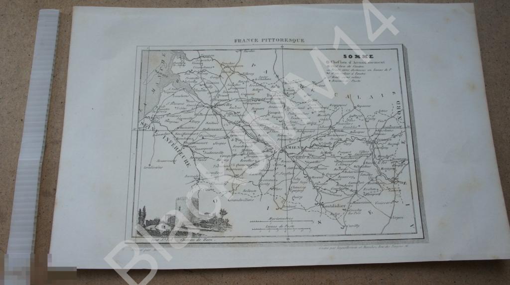 1838 г. Карта Живописная Франция А. Гюго  Сомма Амьен Крепость