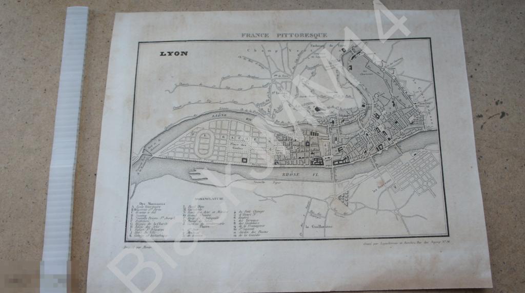1838 г. Карта Живописная Франция А. Гюго План Лион Рона