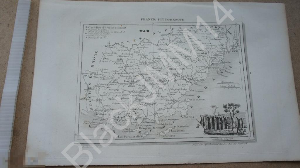 1838 г. Карта Живописная Франция А. Гюго  Вар Лазурный берег Ницца Акведук