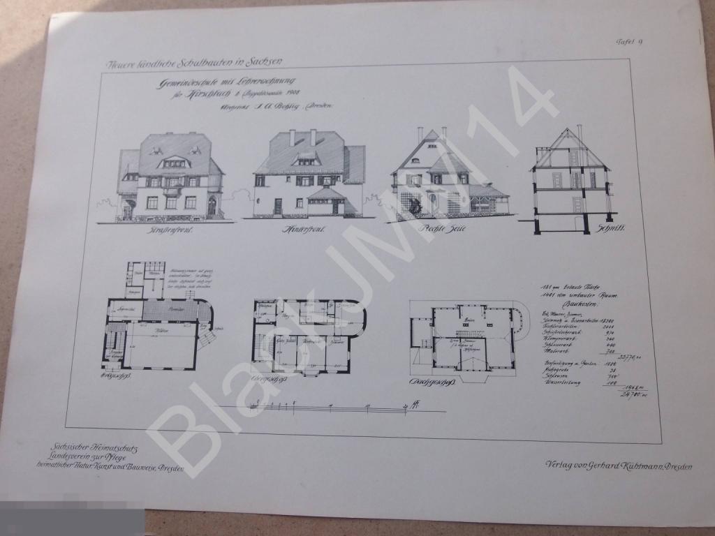 1910 г. Литография Архитектура Саксония План Дом Здание Школа Черепица 9