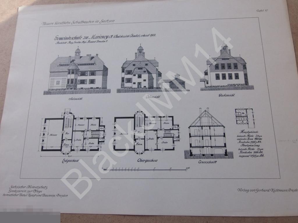 1910 г. Литография Архитектура Саксония План Дом Здание Школа Черепица 17