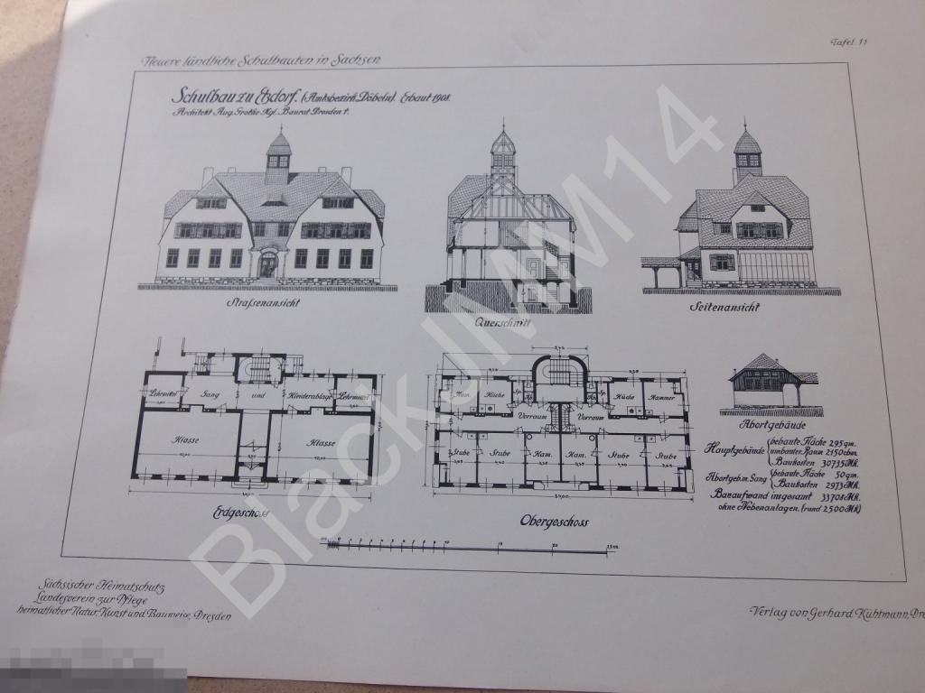 1910 г. Литография Архитектура Саксония План Дом Здание Школа Черепица 11