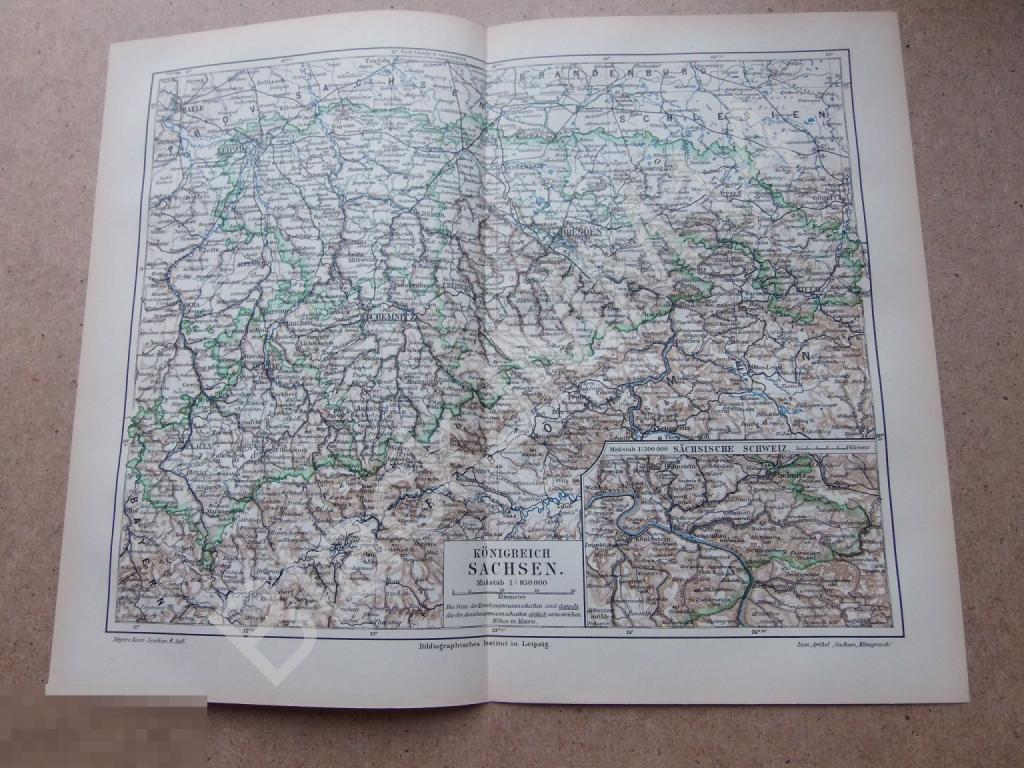 1909 Карта Германия Саксония Дрезден Лейпциг Хемниц