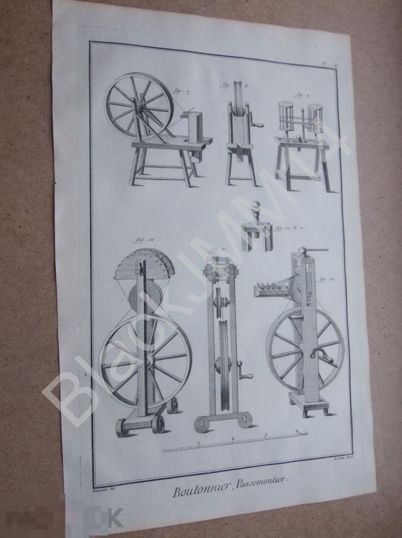 1763 г. Гравюра на меди Дени Дидро Изготовление бутоньерки Пуговицы Инструмент Позумент