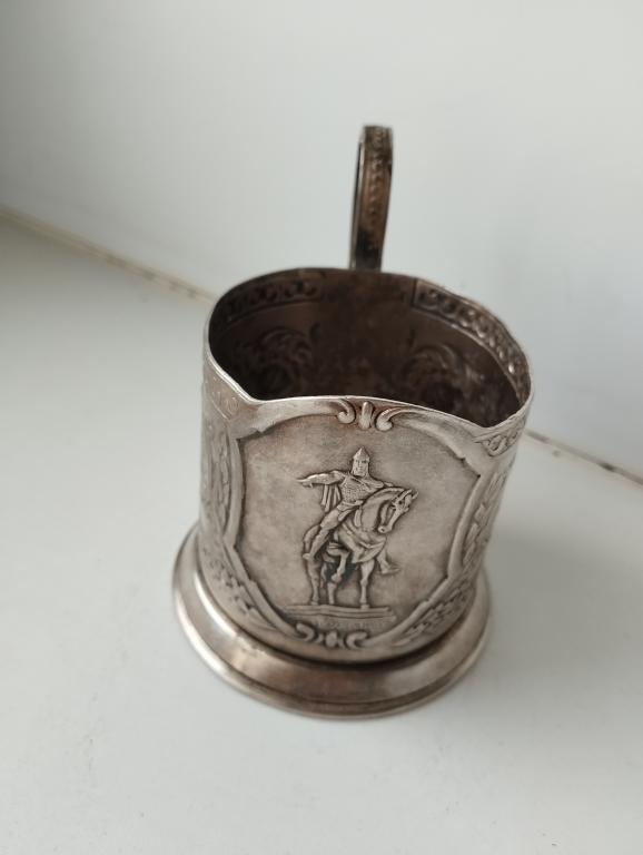 Подстаканник "Юрий Долгорукий". Мельхиор. СССР. Клеймо МЮ8МЕТ. Мстёра. 1958 г.