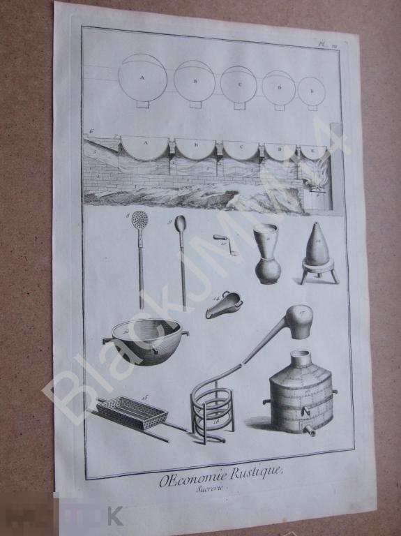 1763 г. Гравюра на меди Дени Дидро Сахарный завод Перегонка Змеевик Сахар