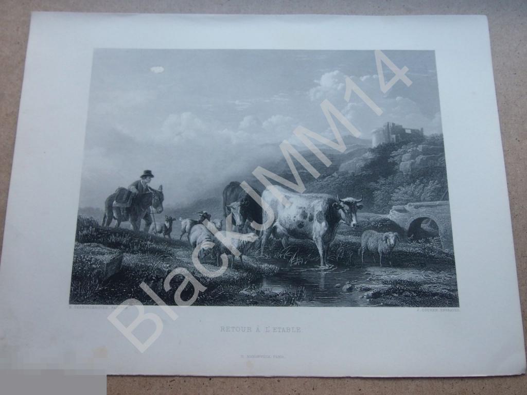 1850 г. Гравюра большая Пейзаж Замок Река Стадо Пастух Корова Овцы