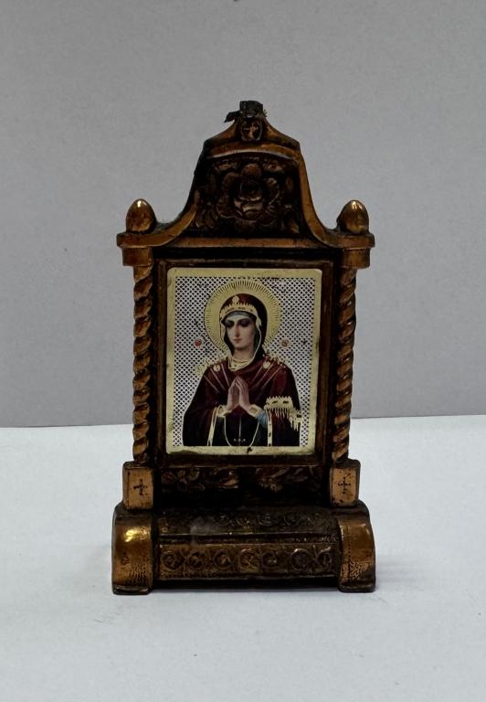 Подсвечник икона Богородица металл омедненный