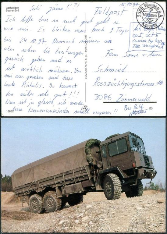 Швейцария 1994 военная почта Wangen an der Aare казарма открытка (грузовой автомобиль Saurer)