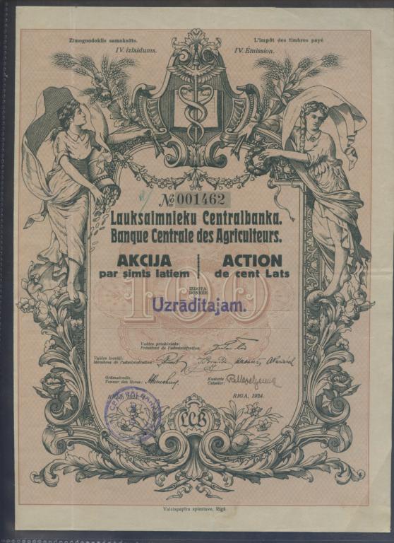 Латвия - Рига - 1924г. - Центральный фермерский банк - Акция 100 лат с купонами