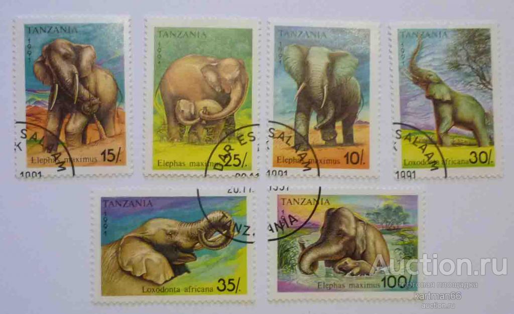 МАРКИ ТАНЗАНИЯ  ФАУНА СЛОНЫ   6 ШТ  1991