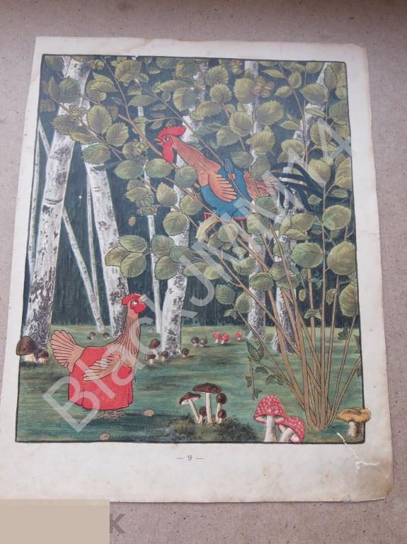 1909 г. Литография Сказка Худ. Неручев Курочка и кочеток Лес Орехи Грибы