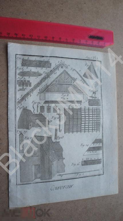 1781 г. Гравюра на меди Берн Архитектура Кровельщик Устройство Крыша Черепица Стропила