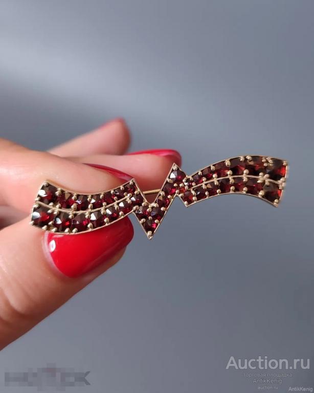 Винтажная брошь с гранатами Серебро 900 проба Золочение 1950-1970 гг. Чехословакия