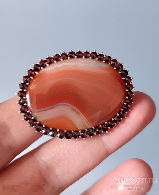 Брошь Гранаты Агат Серебро 900 проба Золочение 1950-1970 гг. Чехословакия Украшение Подарок