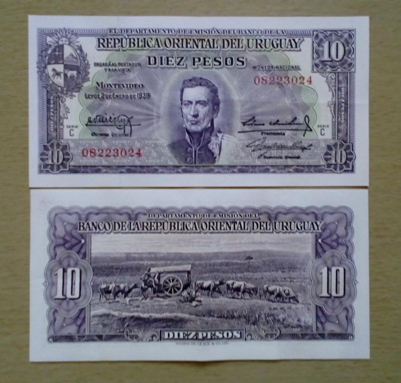 Уругвай 10 песо 1939 год XF+ а UNC