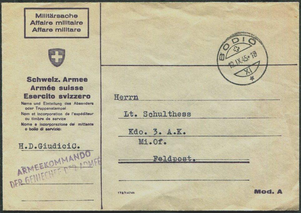 Швейцария 1945 военная почта Командование инженерных войск FELDPOST конверт