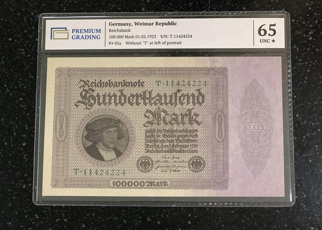 Германия 100000 марок 1923 UNC ПРЕСС литера Т слаб PREMIUM GRADING 65 + звезда