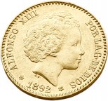 Испания. 20 Песет 1892(1892) г. Золото. 6.45 г*0.900 0.1866 oz. Альфонсо XIII. Второй Портрет!
