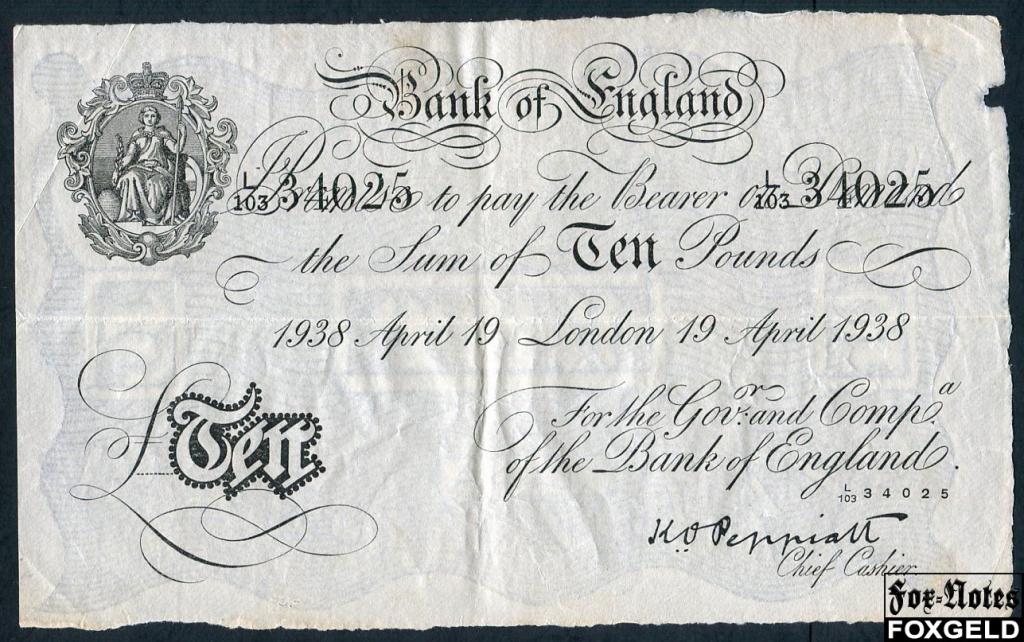 Великобритания Bank of England 10 фунтов 1938 Бернхард P:336 L103 34025