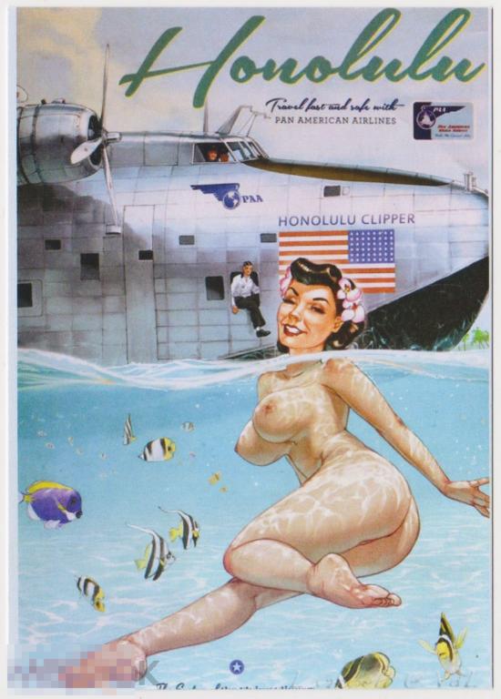 Открытка Пин-ап Pin-up Голая девушка Самолет море рыбы