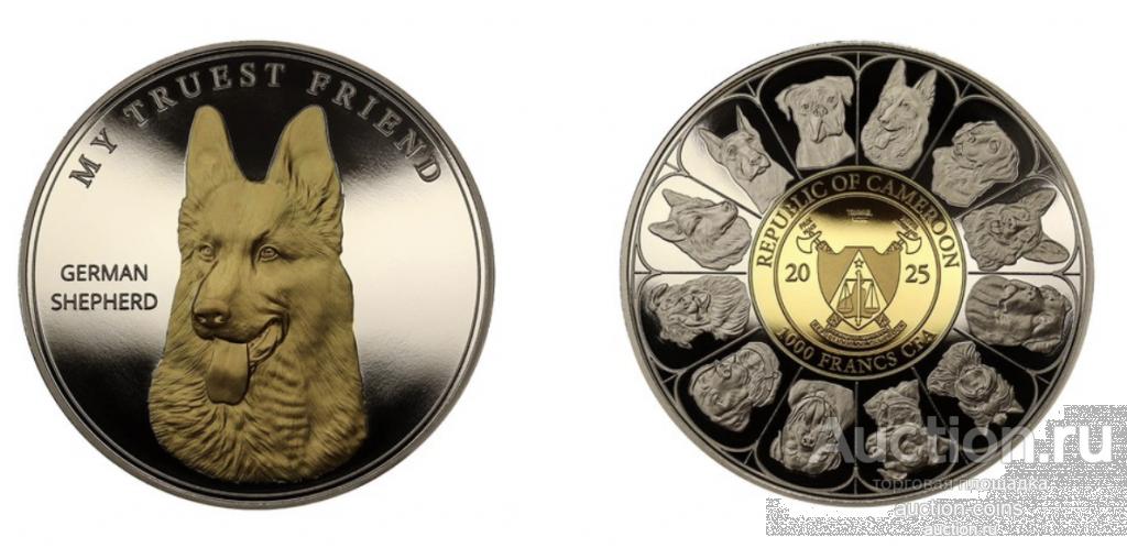 1000 франков 2025 КАМЕРУН Немецкая овчарка PROOF  золочение