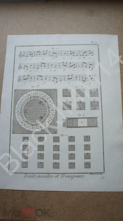 1790 г. Гравюра на меди Шарль Панкук Оккультизм Диск Ноты Знаки