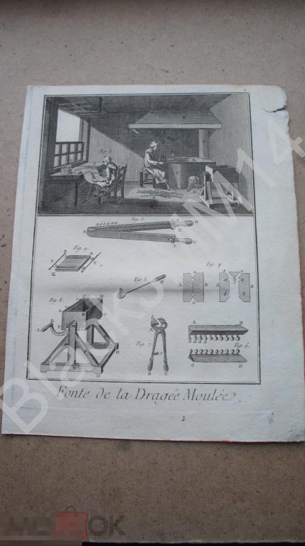 1777 г. Гравюра на меди Ивердон Плавка свинца Формы Пули Пломбы Дробь