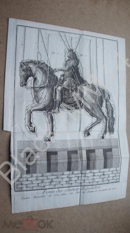 1777 г. Гравюра на меди Ивердон Скульптура Конная статуя Отливка Форма Металл