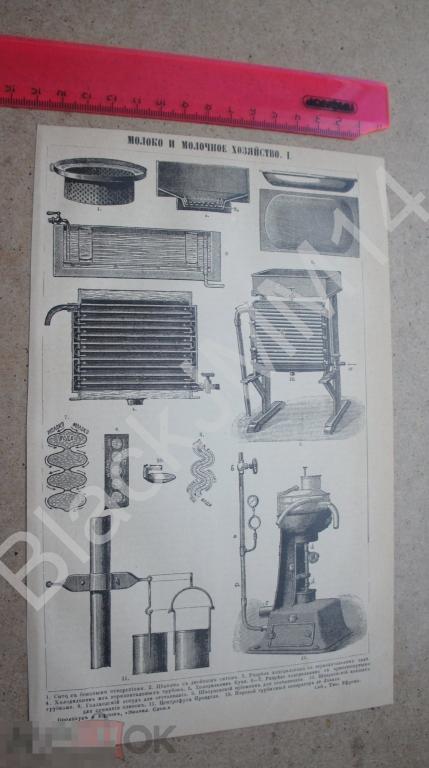 1896 г. Литография Молоко и молочное хозяйство Сито Цедилка Холодильник Ковшик Сепаратор