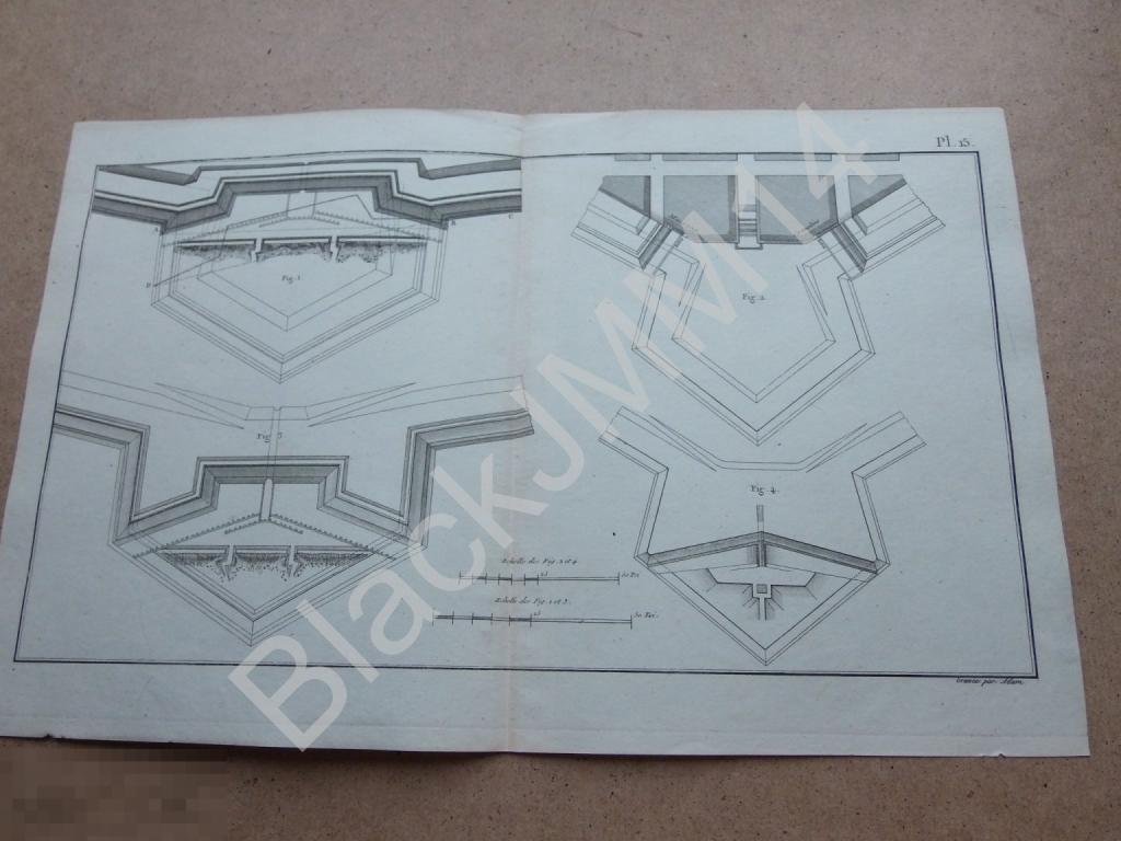 1814 Гравюра Карта План Фортификация Атака Защита укреплений Крепость Стены