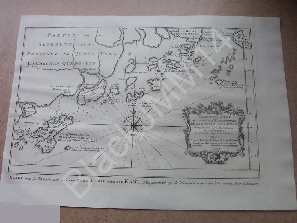 1749 Гравюра на меди Глубокий оттиск Карта Китай Острова Гуанчжоу Макао