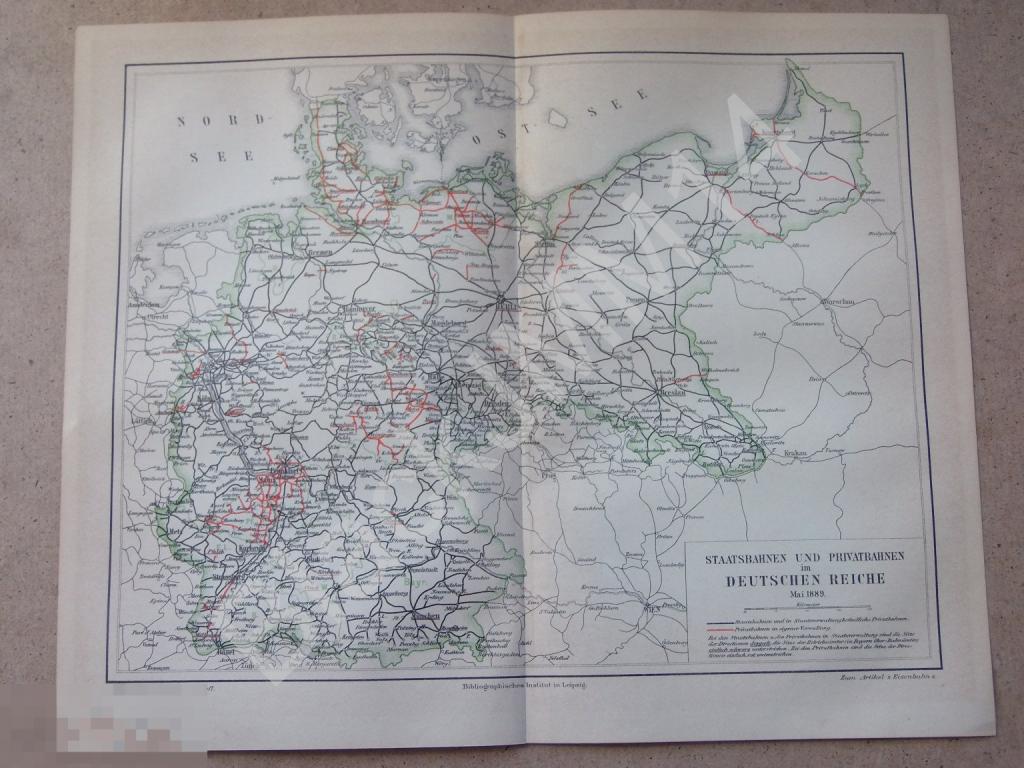 1889 г. Карта Германия Государственные и частные железные дороги