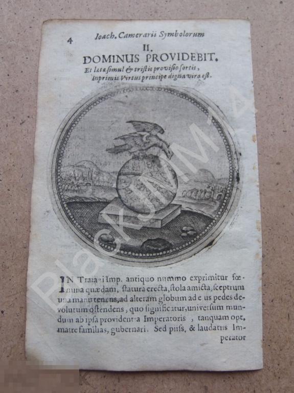 1677 Гравюра медь Камерарий Символы Эмбемы Латынь Изречение Господь даст Орел Шар