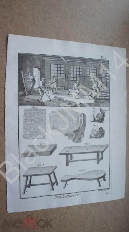 1790 г. Гравюра на меди Шарль Панкук Производство пергамента Кожа Мастерская Инструменты