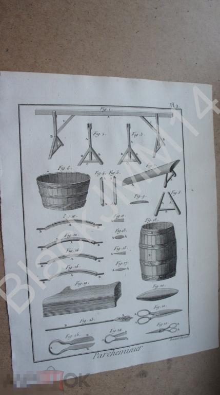 1790 г. Гравюра на меди Шарль Панкук Производство пергамента Кожа Мастерская Инструменты