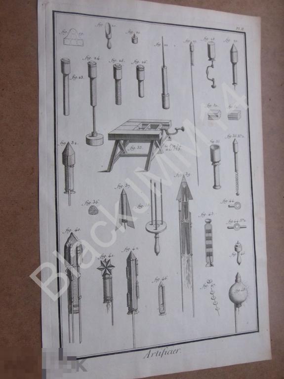 1763 г. Гравюра на меди Дени Дидро Военное искусство Пиротехника Фейерверки Питарды Ракеты