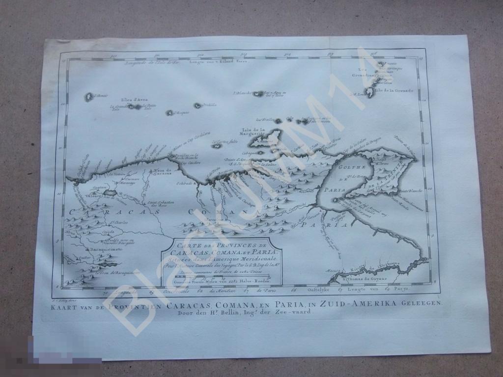 1762 Гравюра на меди Глубокий оттиск Карта Комана Пария Каракас Провинции Венесуэла