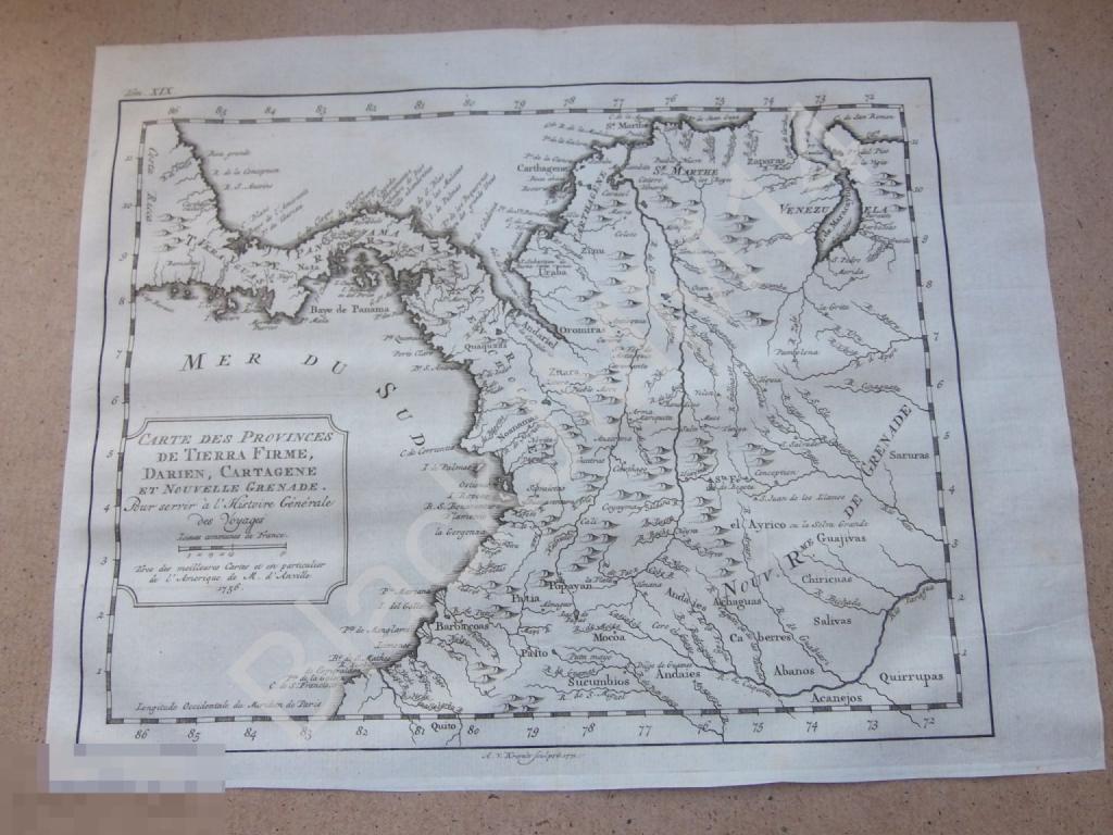 1772 Гравюра на меди Глубокий оттиск Карта Новая Гренада Панама Колумбия Картахена Дарьен