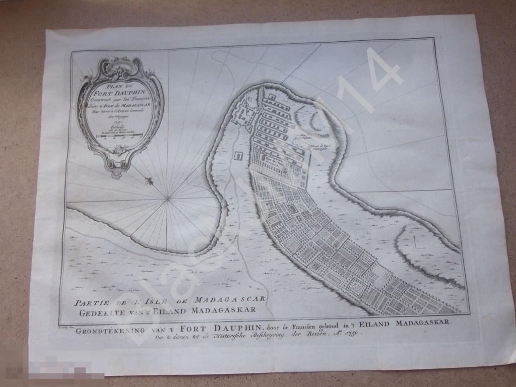 1755 Гравюра на меди Глубокий оттиск Карта План Форт-Дофин Тоанаро Мадагаскар