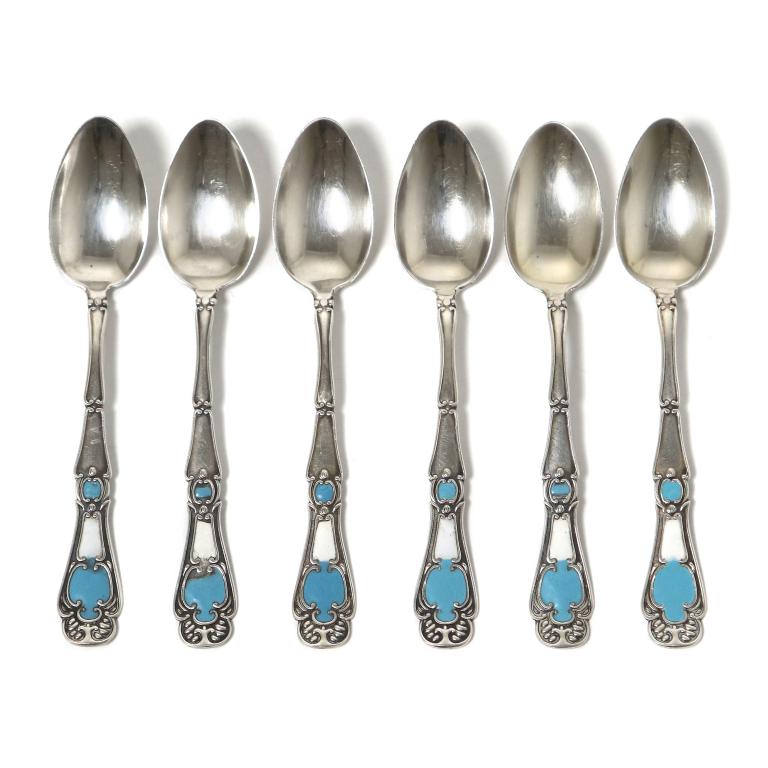 Кофейные ложки, 6 шт. Серебро, эмаль.  США, начало 20 века.